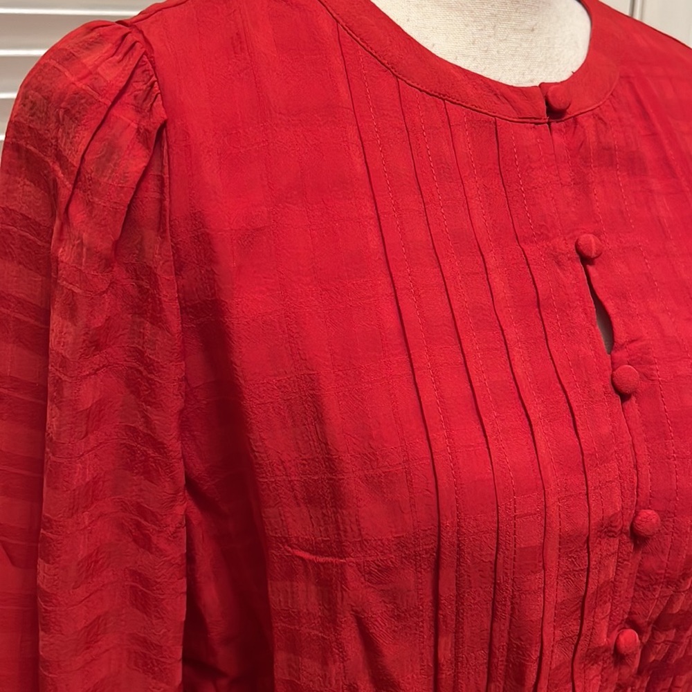 Loft Plaid Pintucked Tiered Flare Dress in Red, Size Medium - Picture 7 of 16
